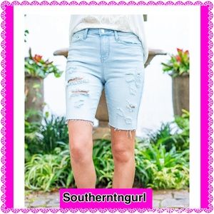 NWT JUDY BLUE High Rise Light Wash Distressed Denim Bermuda Shorts